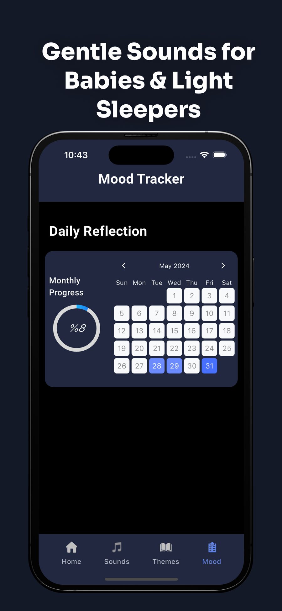 Harmony mood tracker with daily reflection calendar and monthly progress