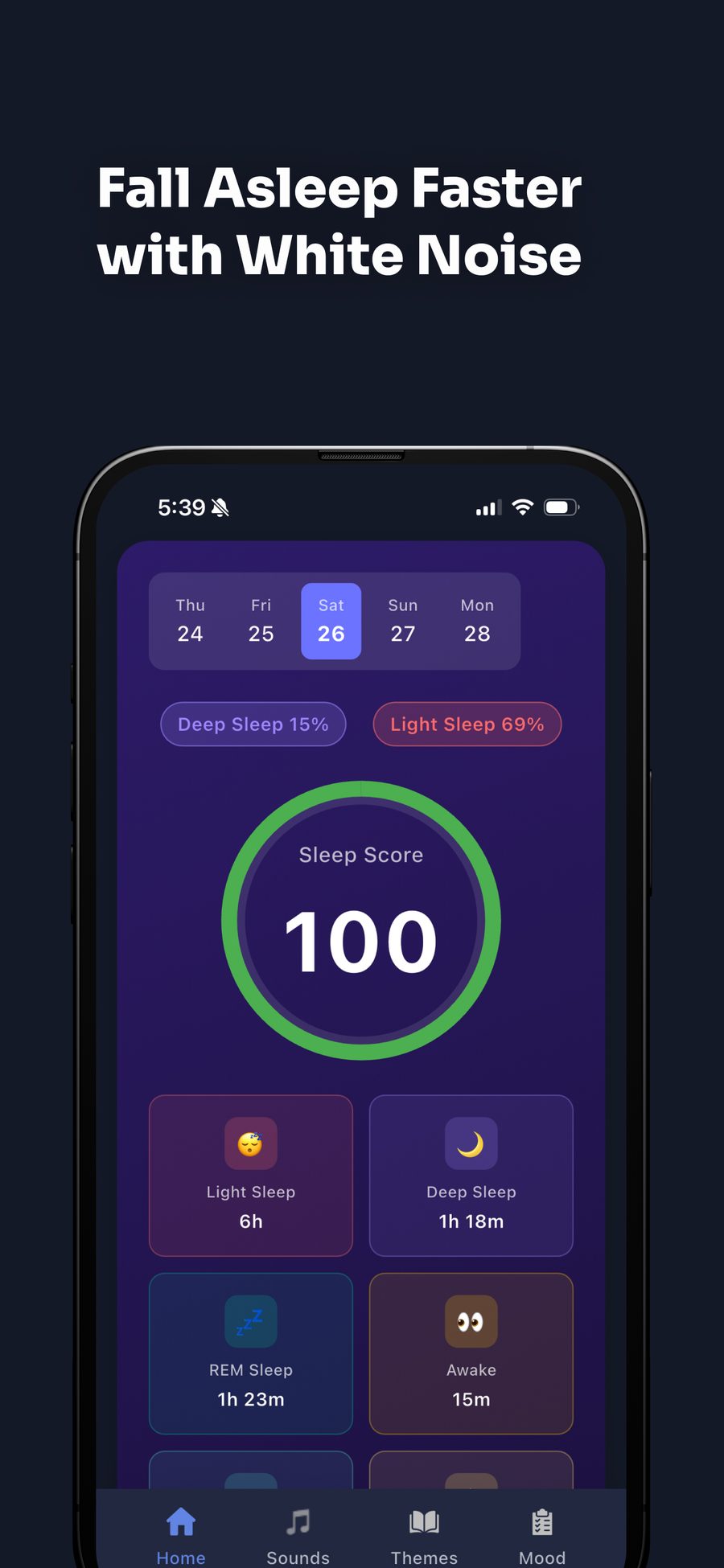 Harmony sleep score screen showing a sleep score of 100 with deep, light, REM and awake breakdown